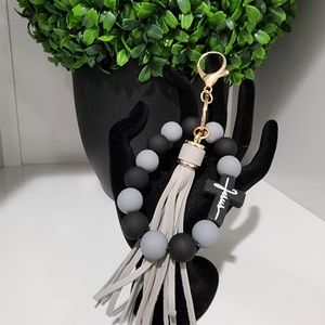 NWT Black & Grey Faith 'Jesus' Keyring Tassel Beaded Bracelet